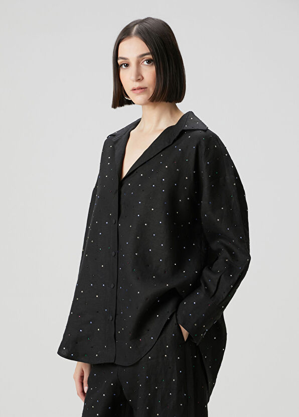 Siyah Taş Detaylı Keten Gömlek - Görsel 2