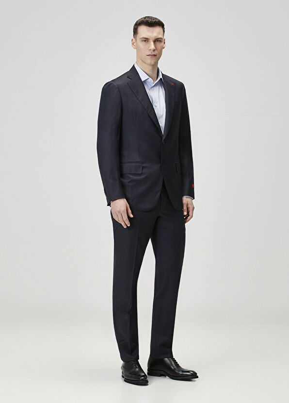 Koyu Lacivert Çizgi Desenli Yün Takım Elbise - Görsel 5