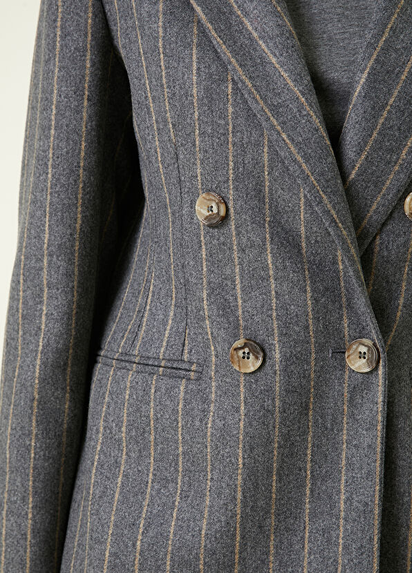 Beymen Club Grey Beige Notch Lapel Striped Double-Breasted Wool Blazer - 4