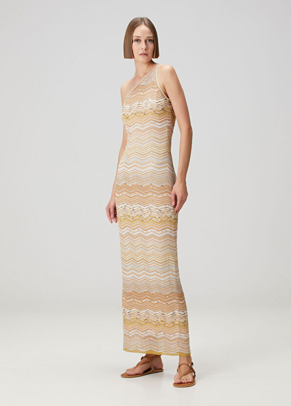 Gold Bej Tek Omuzlu Payetli Maksi Elbise - Görsel 3