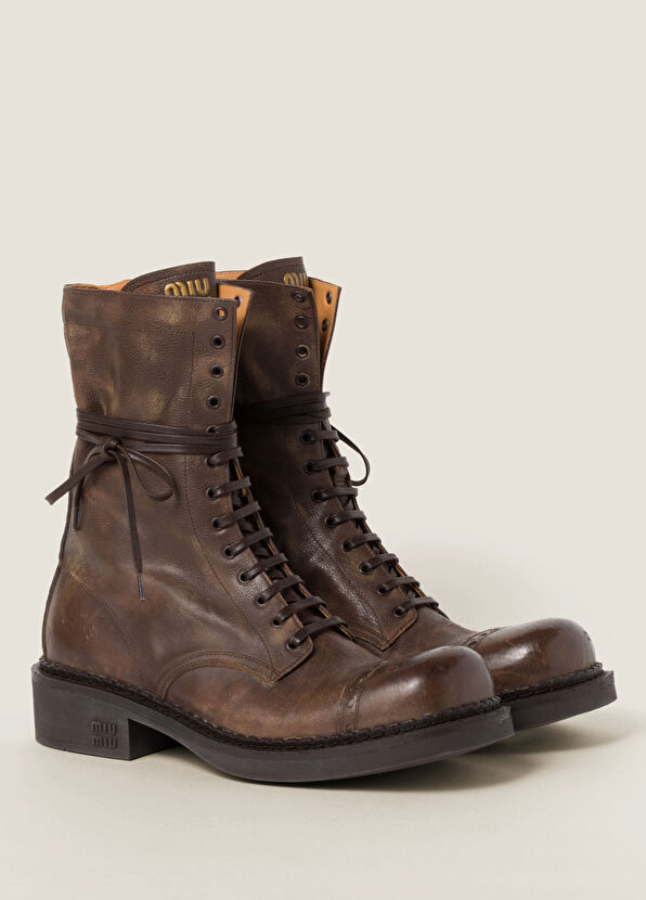 Miu Miu Bağcıklı Kahverengi Kadın Deri Bot - 1