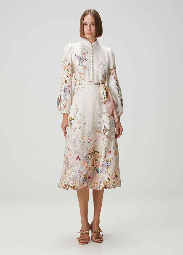 Rebellion Krem Desenli Midi Keten Elbise - Görsel 2