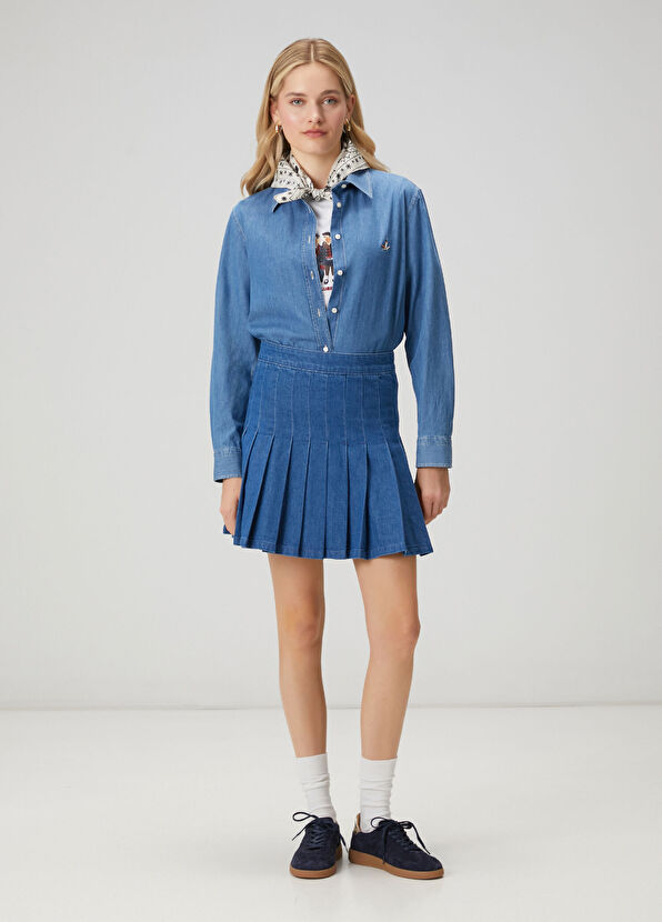 Beymen Club Blue Pleated Mini Denim Skirt - 1