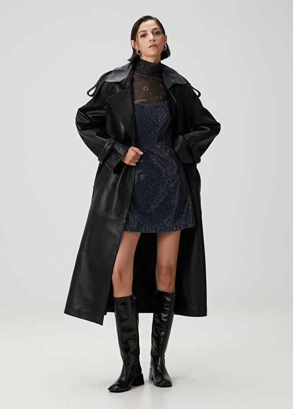 Lacivert Taşlı Mini Denim Elbise - Görsel 5