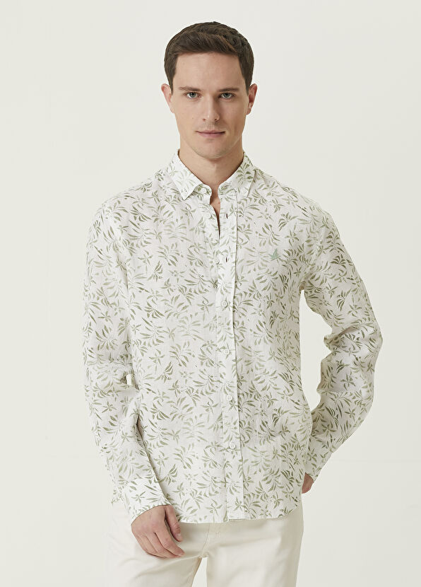 Beymen Club Comfort Fit Haki Beyaz Yaprak Desenli Keten Gömlek - 1