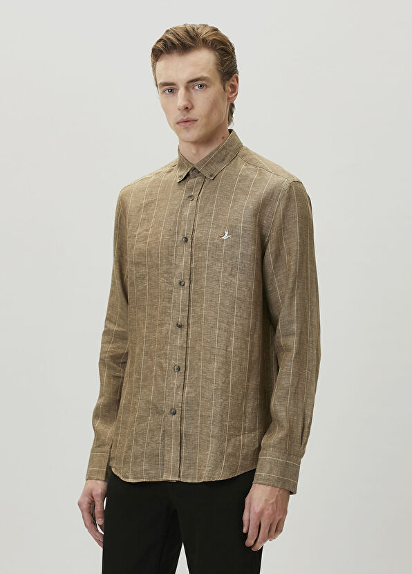 Beymen Club Comfort Fit Khaki Striped Linen Shirt - 4