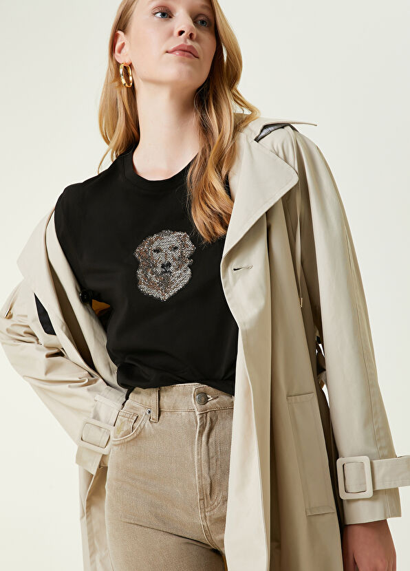 Beymen Club Black Dog Patterned Rhinestone T-shirt - 3