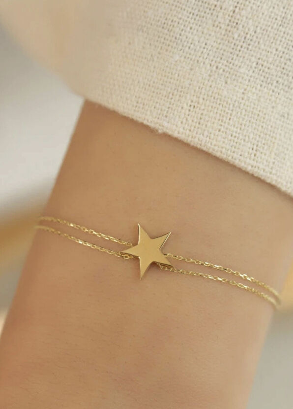 Safir Mücevher Yıldız Detaylı 14 Ayar Altın Zincir Kadın Bileklik - 2