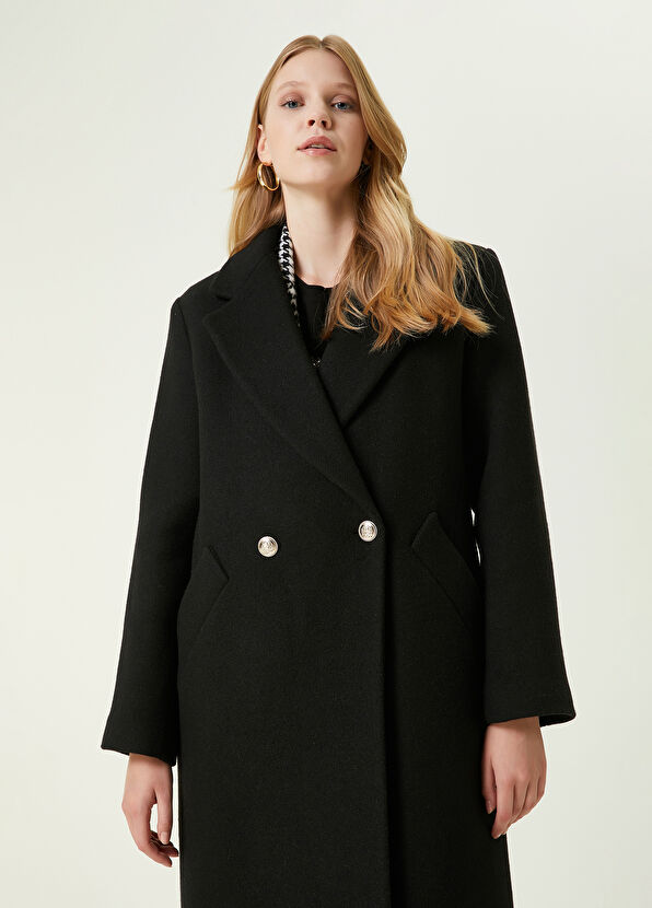 Beymen Club Black Butterfly Collar Double-Breasted Wool Coat - 4