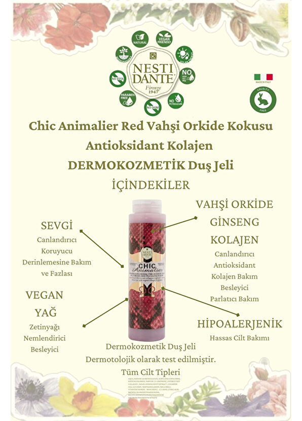 Nesti Dante Chic Animalier Red Vahşi Orkide Kokusu Antioksidant Kolajen Vegan Bakım Banyo ve Duş Jeli 300 ml - 3