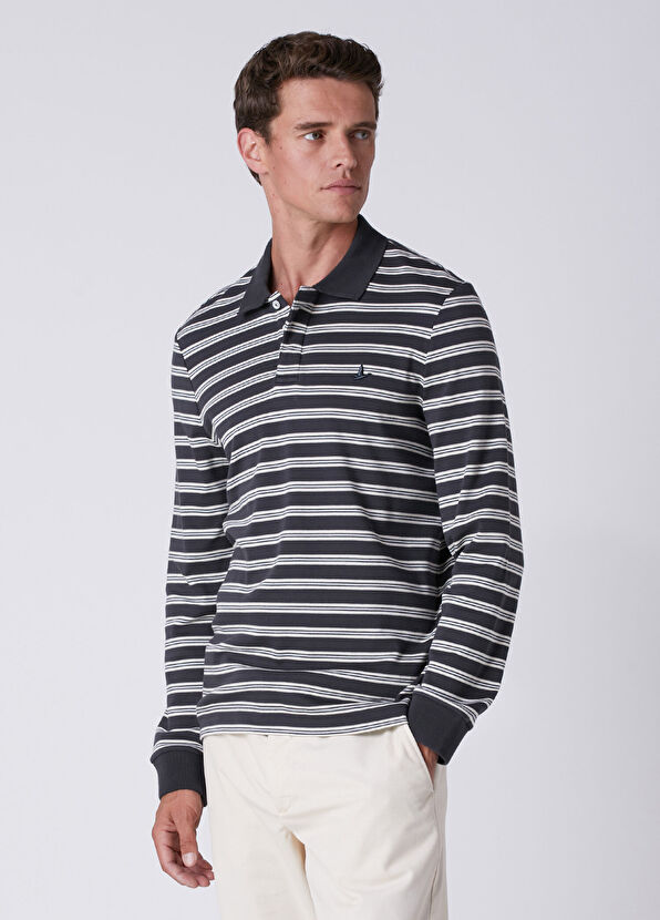 Beymen Club Comfort Fit Antrasit Polo Yaka Çizgili Sweatshirt - 4