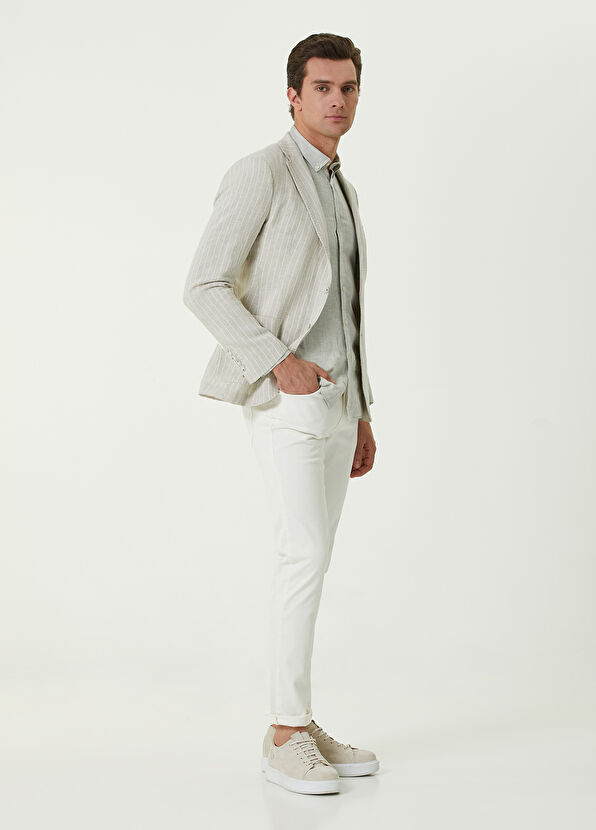 Beymen Club Bej Çizgi Desenli Keten Ceket - 2