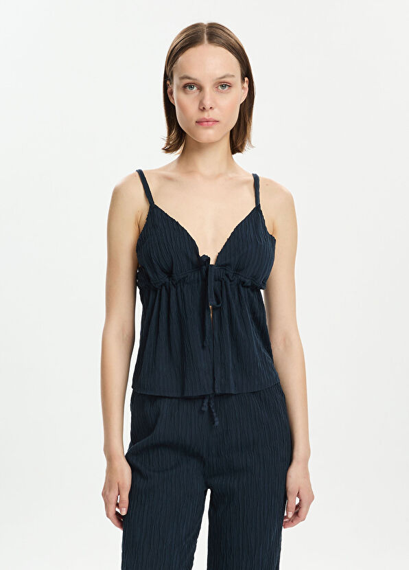Bassigue Navy Blue Women's Blouse with Front Tie Straers - 1