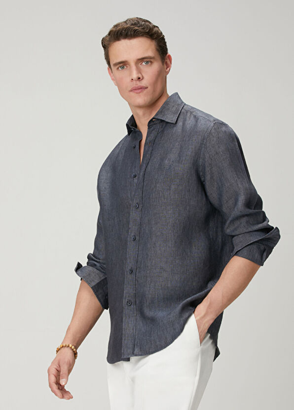 Beymen Club Comfort Fit Italian Collar Delave Linen Shirt - 4
