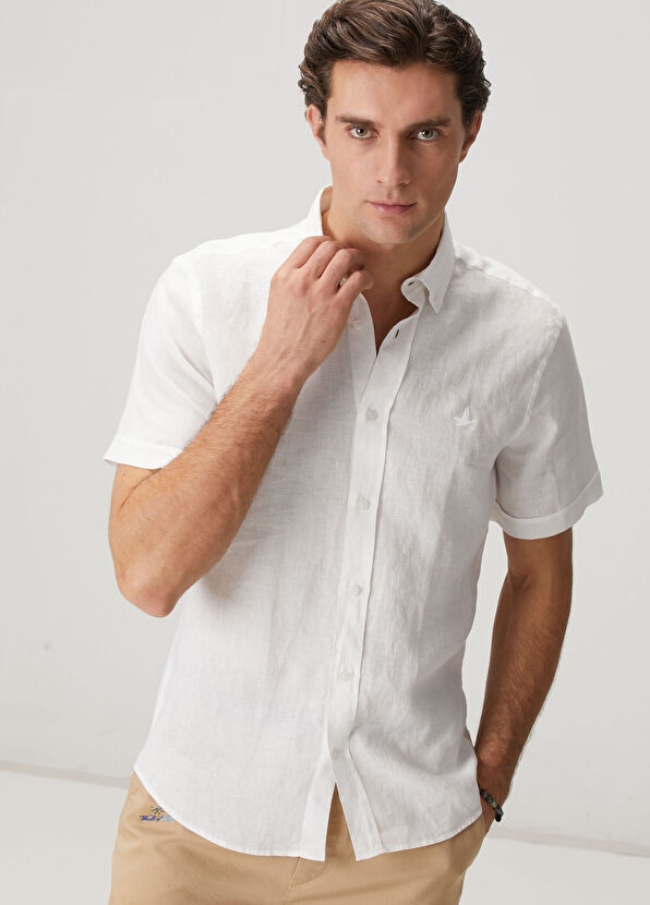 Beymen Club Comfort Fit Beyaz Kısa Kollu Keten Gömlek - 2