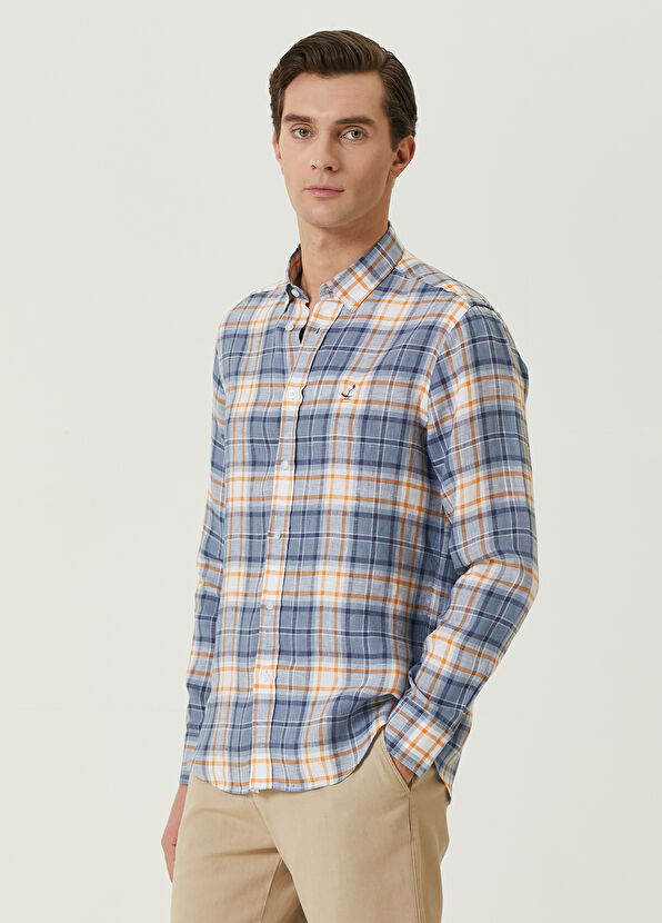 Beymen Club Blue Orange Plaid Linen Shirt With Line Detail - 4