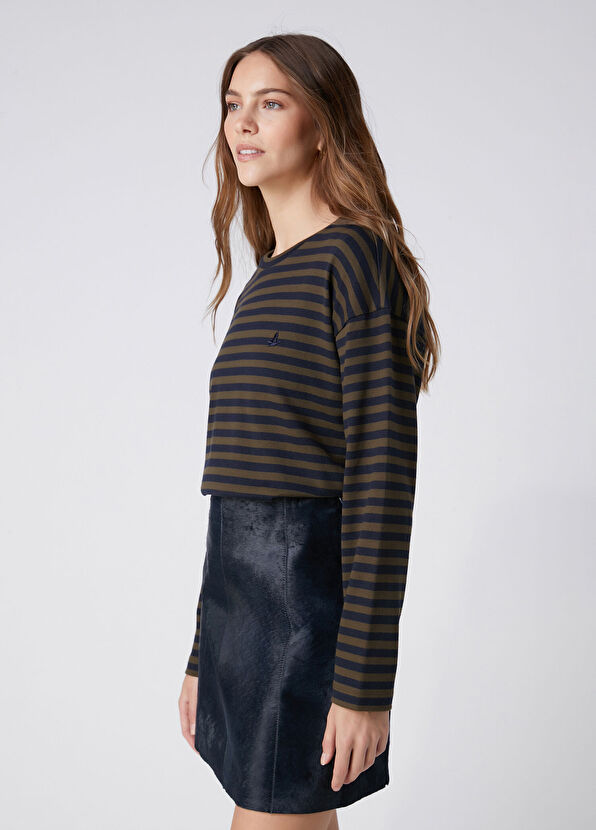 Beymen Club Khaki Navy Blue Striped Sweatshirt - 4