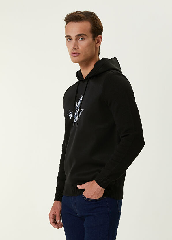 Beymen Club Siyah Kapüşonlu Piksel Kaz Nakışlı Garnili Kazak - 3