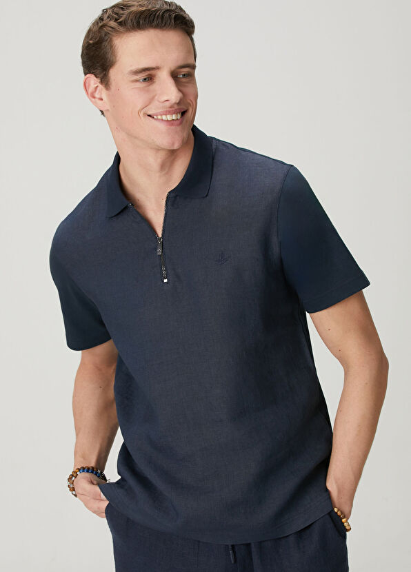 Beymen Club Navy Blue Comfort Fit Linen Insert Polo T-Shirt - 2