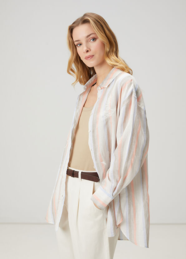 Beymen Club Somon Çizgili Keten Gömlek - 3