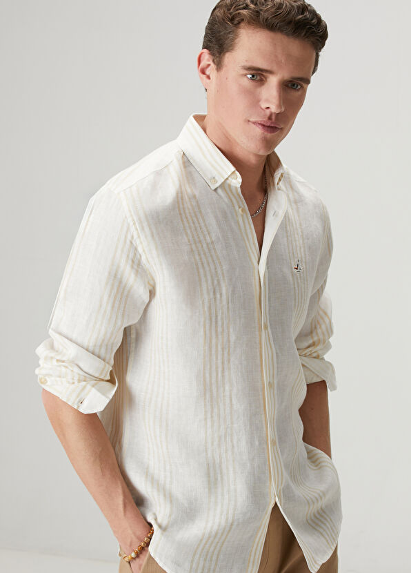 Beymen Club Comfort Fit Beige White Striped Linen Shirt - 2