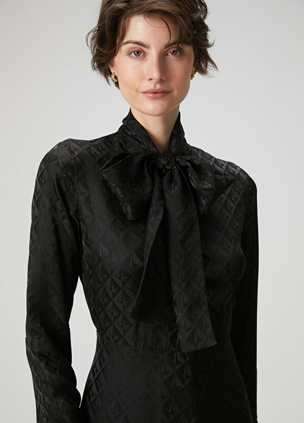 Beymen Club Siyah Logo Jakarlı Midi İpek Elbise - 2