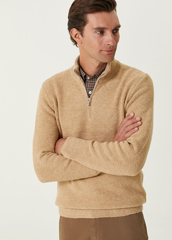 Beymen Club Açık Bej Yakası Fermuarlı Yün Kazak - 2