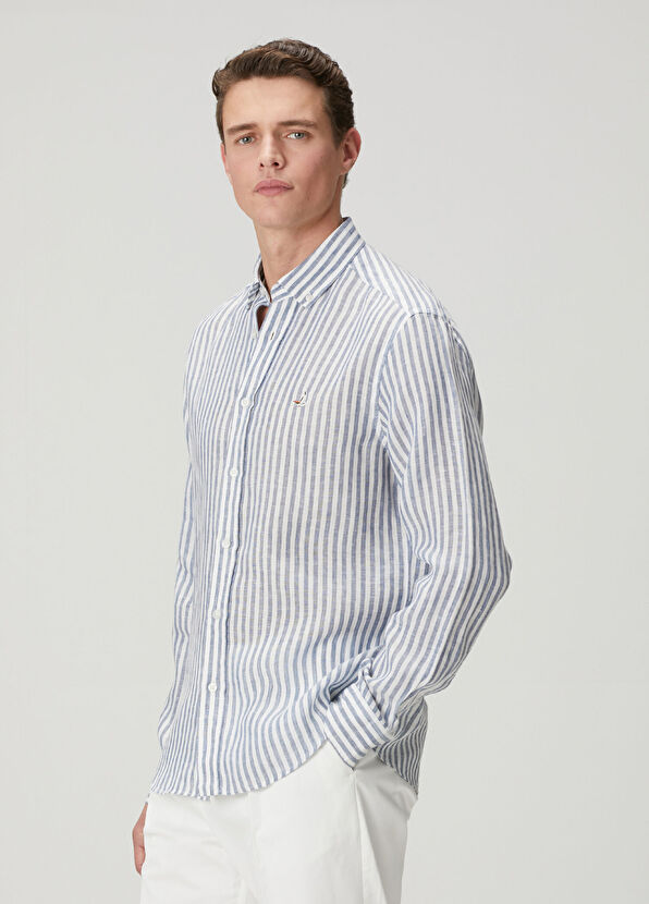 Beymen Club Comfort Fit Navy Blue White Striped Linen Shirt - 4