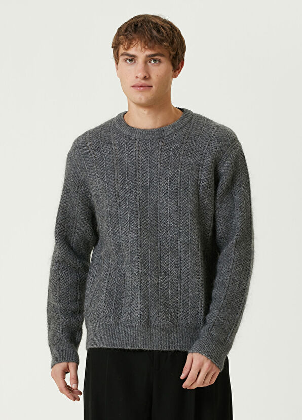 Solid Homme Gri Zikzak Dokulu Yün Kazak - 1