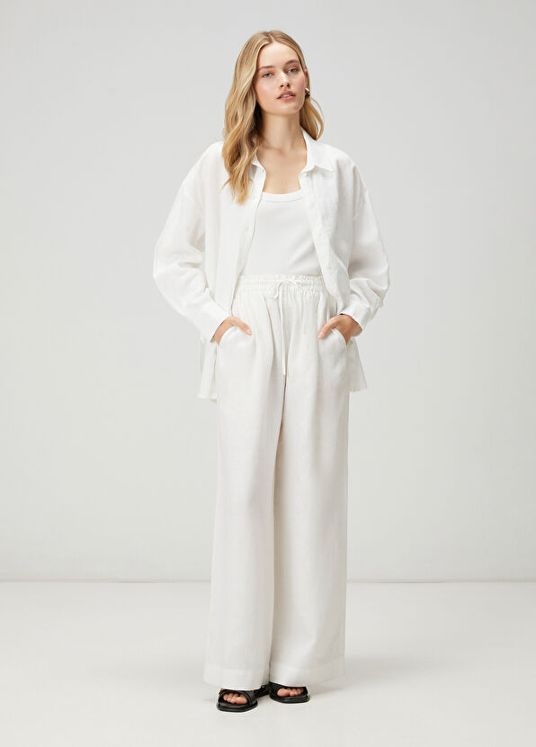 Beymen Club Kırık Beyaz Logolu Oversize Keten Gömlek - 2