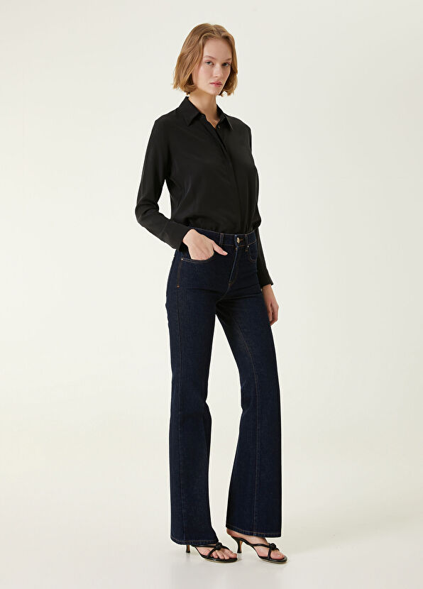 Siyah Kesik Yaka Klasik İpek Gömlek - Görsel 5