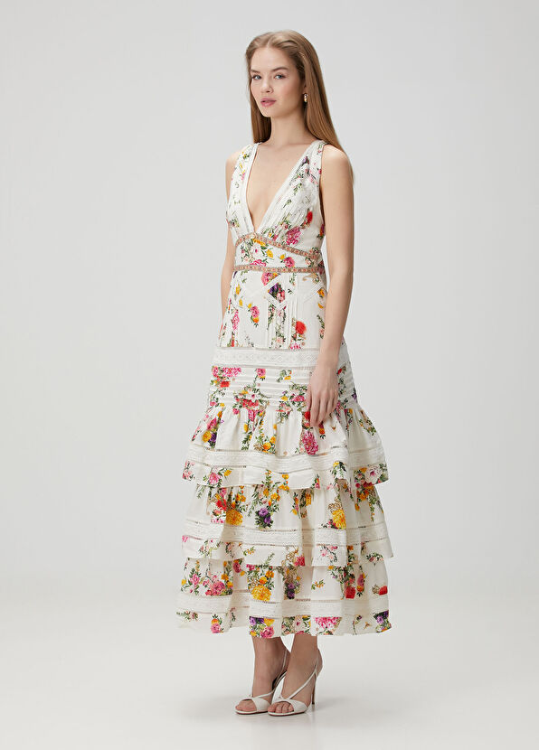 Camilla Beyaz Çiçekli Maksi Elbise - 2