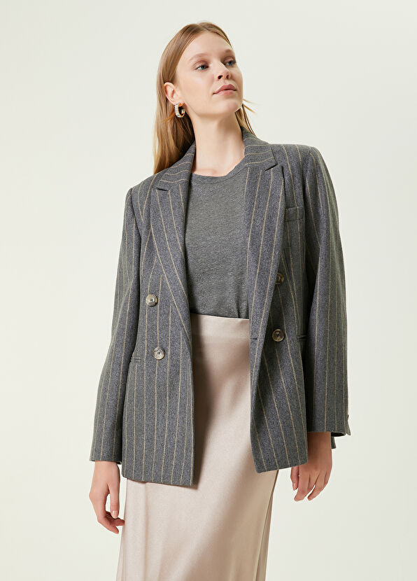 Beymen Club Grey Beige Notch Lapel Striped Double-Breasted Wool Blazer - 1