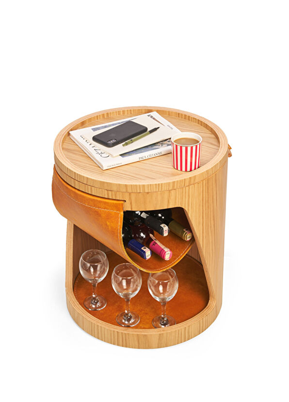 Solano Design Gerçek Deri Detaylı Meşe Roll Yan Sehpa - 2