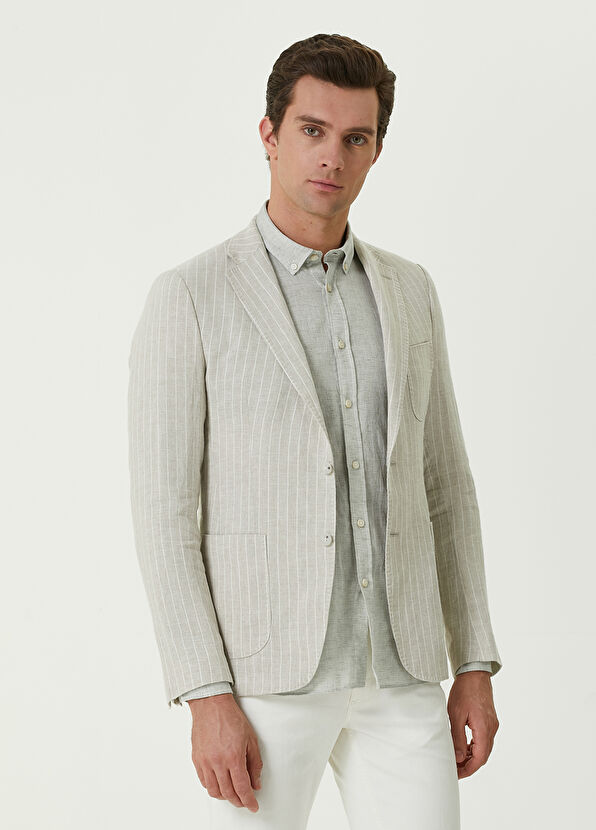 Beymen Club Bej Çizgi Desenli Keten Ceket - 1