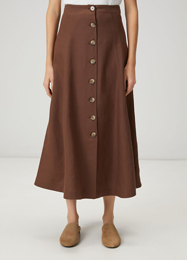 Beymen Club Kahverengi Düğmeli Midi Keten Etek - 2