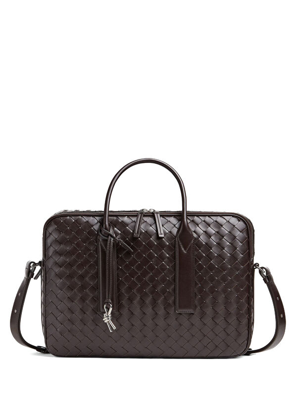 Kahverengi Örgü Dokulu Deri Evrak Çantası - Görsel 2