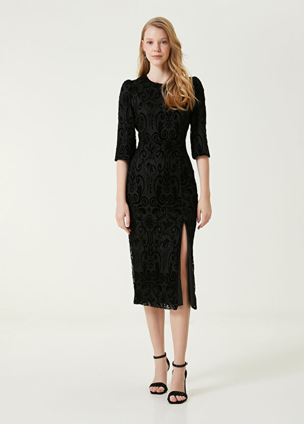 Beymen Club Siyah Yırtmaç Detaylı Midi Elbise - 1