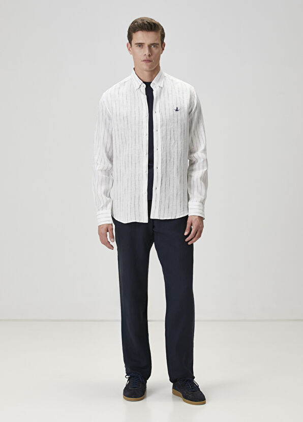 Beymen Club Comfort Fit White Line Patterned Linen Shirt - 3