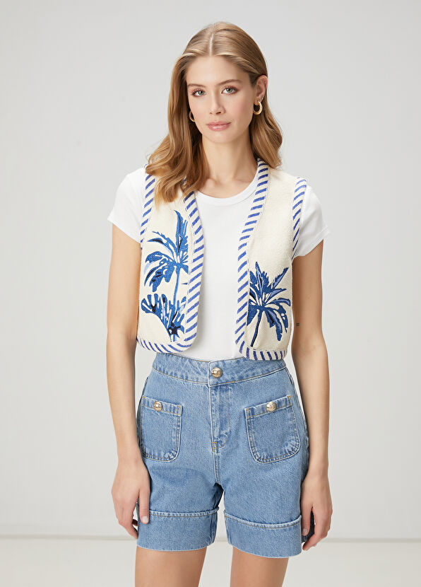 Beymen Club Kırık Beyaz Mavi Nakışlı Yelek - 4