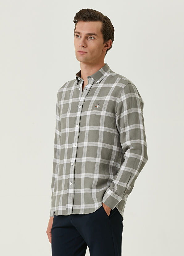 Beymen Club Comfort Fit Light Khaki Square Plaid Linen Shirt - 4