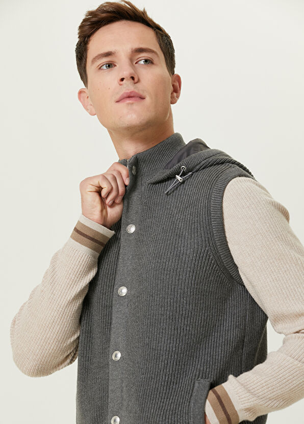 Beymen Club Grey Hooded Knit Textured Wool Knit Vest - 2