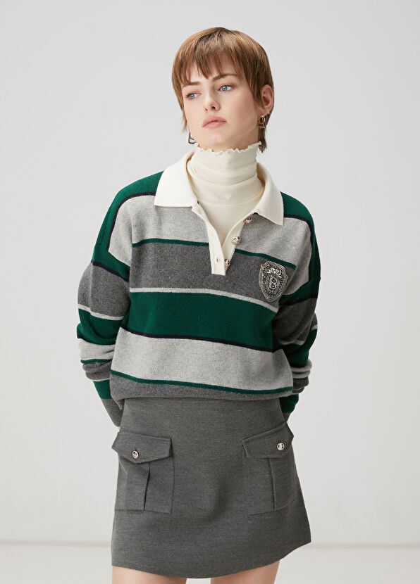 Beymen Club Koyu Yeşil Çizgili Yün Polo Kazak - 1