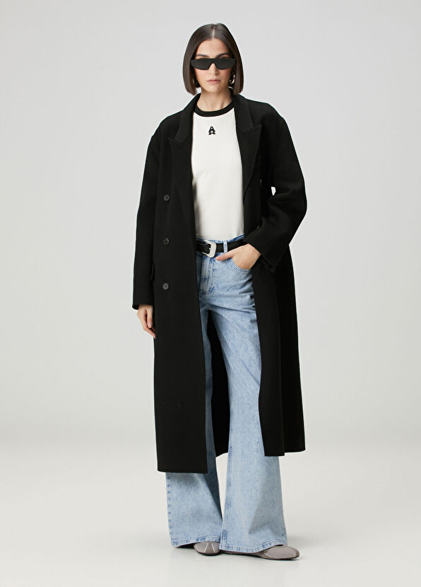 Siyah El Dikişli Yün Palto - Görsel 2