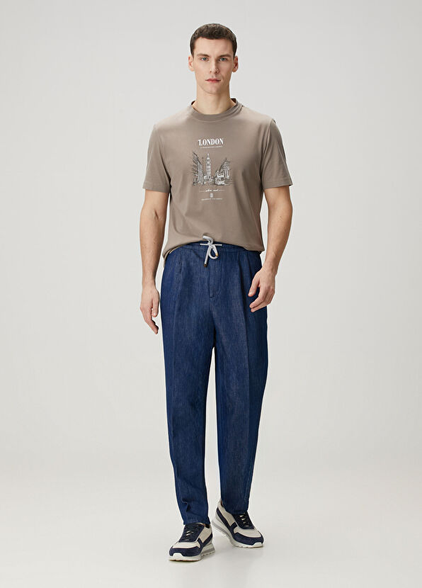 Brunello Cucinelli Lacivert Beli Kordonlu Çift Pilili Pantolon - 1