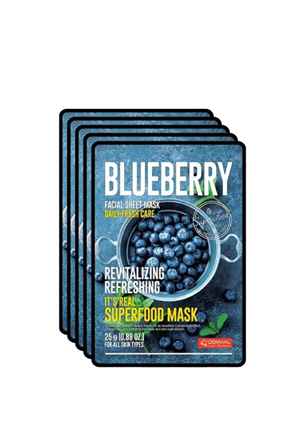 Dermal Blueberry Facial Sheet Mask Superfood Yenileyici ve Canlandırıcı Yaban Mersini Yüz Maskesi 5'li Set 25 gr - 1
