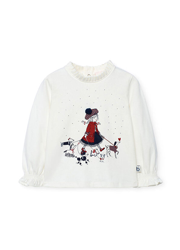 Boboli Ecru Animals Printed Girl Long Sleeve Blouse - 1