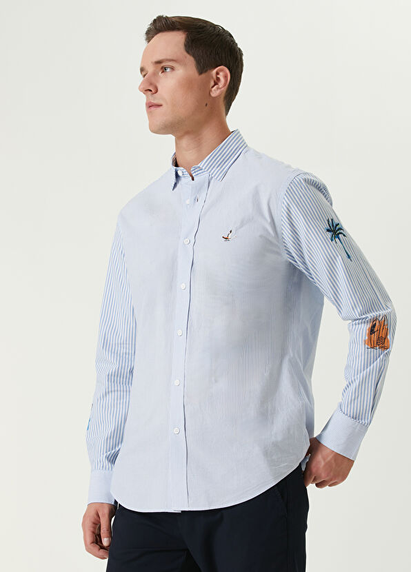 Beymen Club Comfort Fit Blue Striped Sleeves Printed Shirt - 2