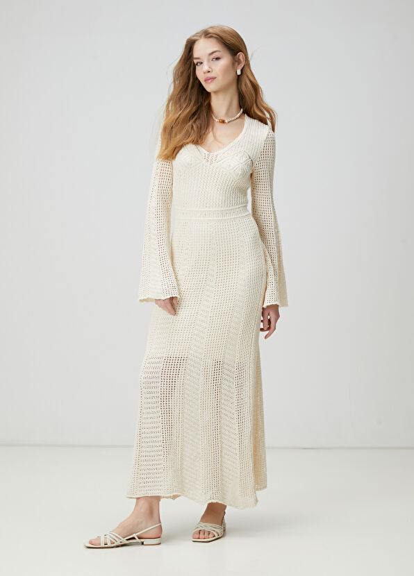 Beymen Club Ekru Ajurlu Maksi Triko Elbise - 4