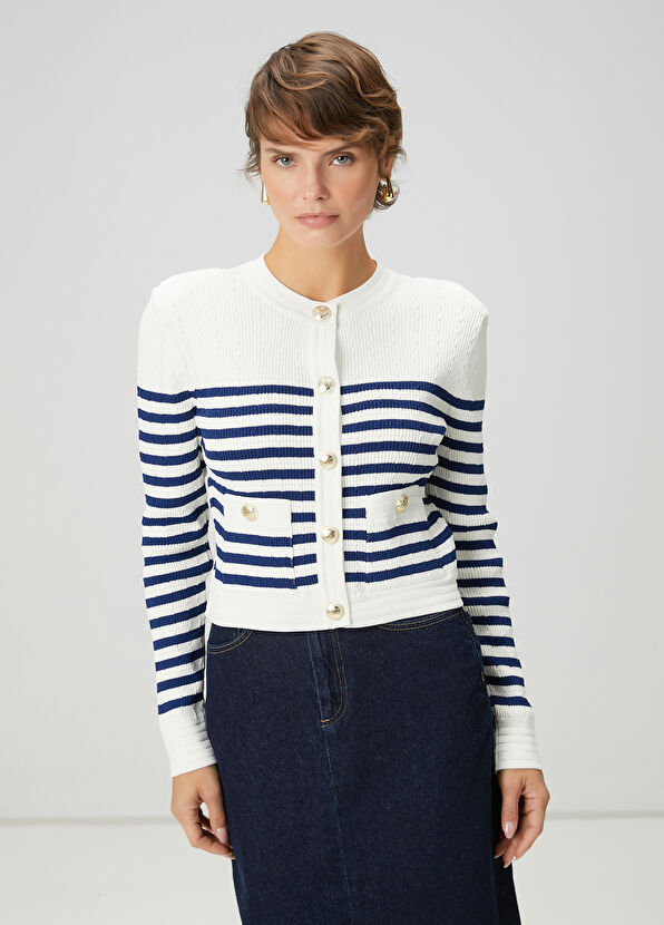 Beymen Club Navy Blue White Striped Cardigan - 1